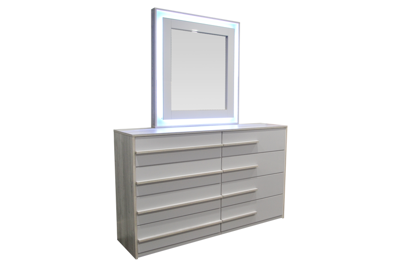 Dubai Dresser in Frosty Gray with White Glossy Accent, with Optional LED Mirror