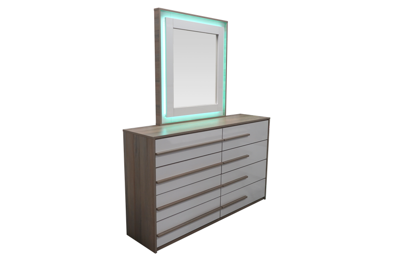 Dubai Dresser in Sandalwood with White Glossy Accent, with Optional LED Mirror