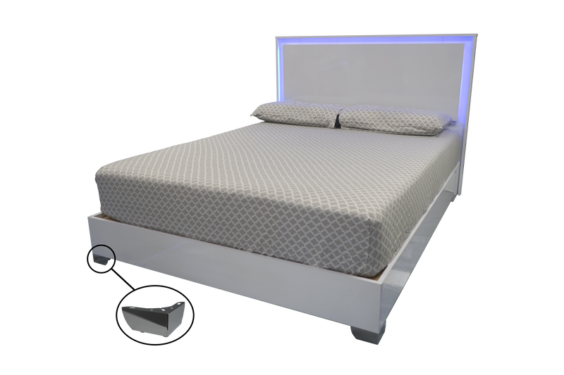 Florence Bed in White Glossy, with Modern Platform, LED Headboard & Chrome Legs