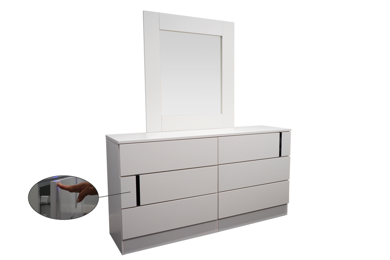 Metro Dresser in White Matte with Black Glossy Accent, with Touch-Open Drawers & Optional Mirror